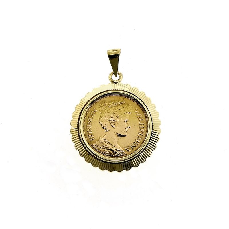 Image 1 of Gold pendant of gold fiver; Queen Wilhelmina 1912