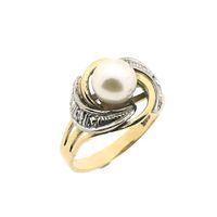 Two-tone gold ring with pearl and diamonds; 0.02 ct.