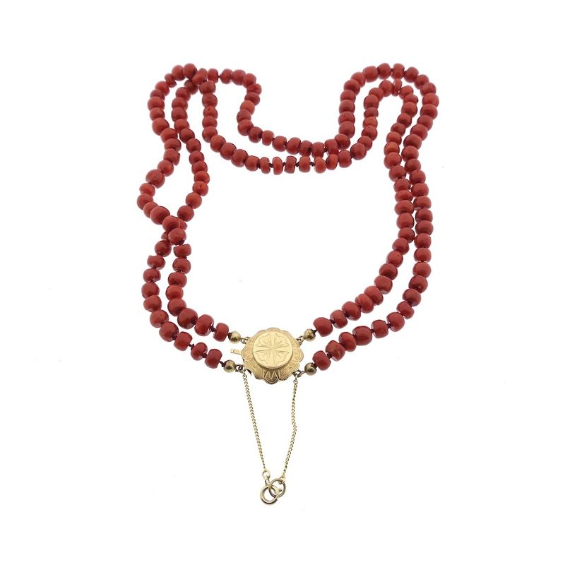 Image 4 of Antique blood coral bead necklace with gold clasp.