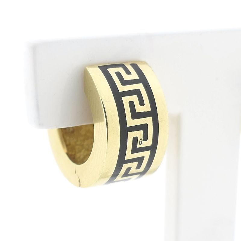 Image 4 of Gold hinged hoop earrings with a meandering pattern in black enamel; Ø 15.2 mm