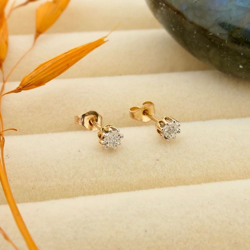 Image 2 of Gold stud earrings with diamond; 0.01 ct.