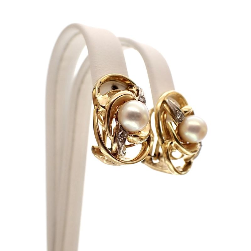 Image 1 of Vintage gold clip-on earrings with pearl and diamonds; 0.08 ct.