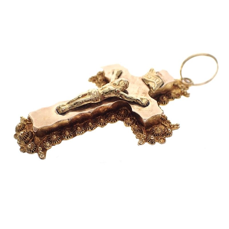 Image 3 of 19th century gold pendant of a cross with corpus INRI; Filigree