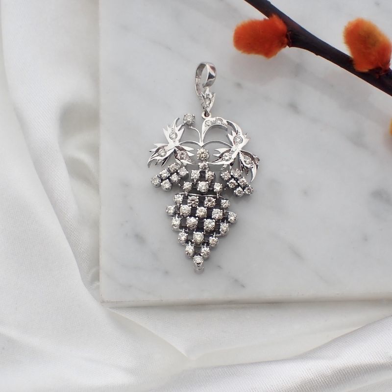 Image 2 of White gold pendant of a bunch of grapes with diamonds; Approx. 1.42 ct.