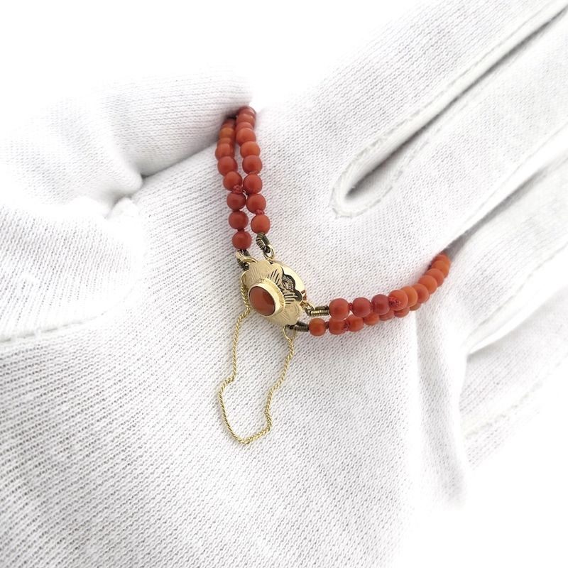 Image 9 of Antique red coral beaded bracelet with gold decorative clasp.