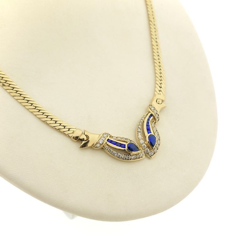 Image 2 of Gold flat gourmet link necklace with synthetic sapphire and zirconia
