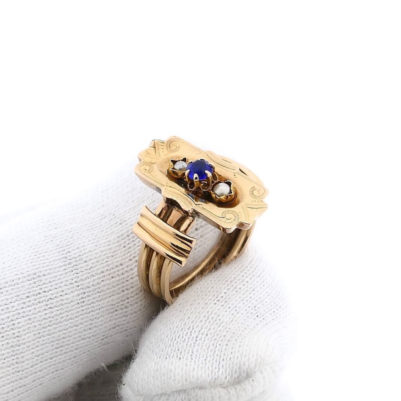 Image 8 of 18K Vintage Gold Ring with Pearl and Blue Zirconia