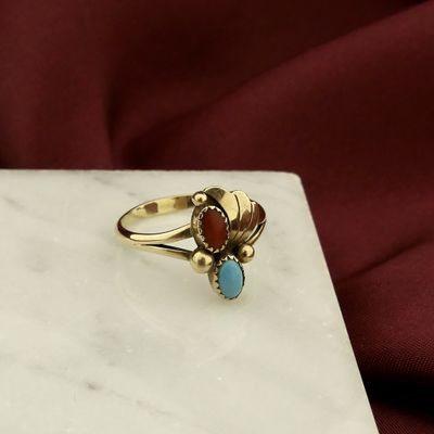 Image 2 of Gold ring with turquoise and red coral | Vintage