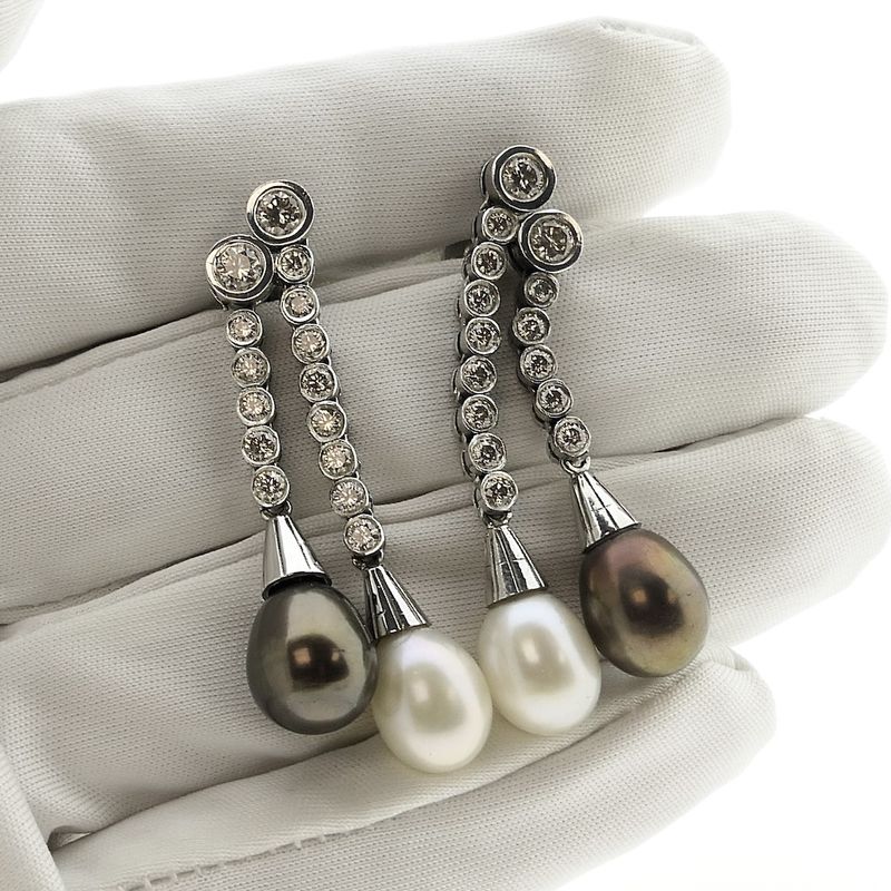Image 3 of White gold entourage earrings with pearl and diamonds; 1.18 ct.