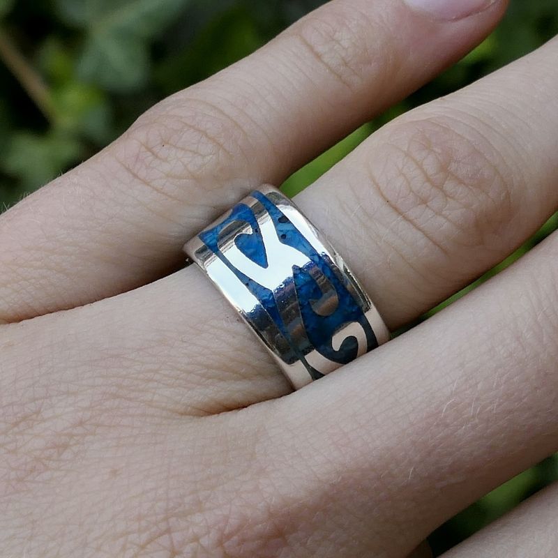 Image 9 of Bombarie silver ring with tribal and blue enamel
