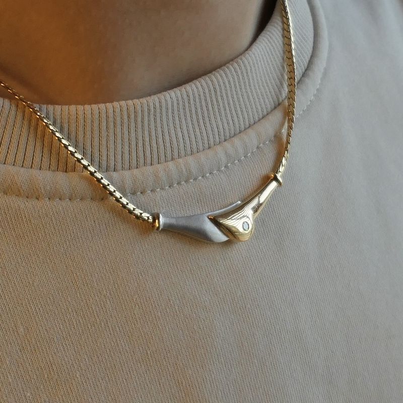 Image 10 of Two-tone gold necklace with fixed pendant and diamond; 0.06 ct.