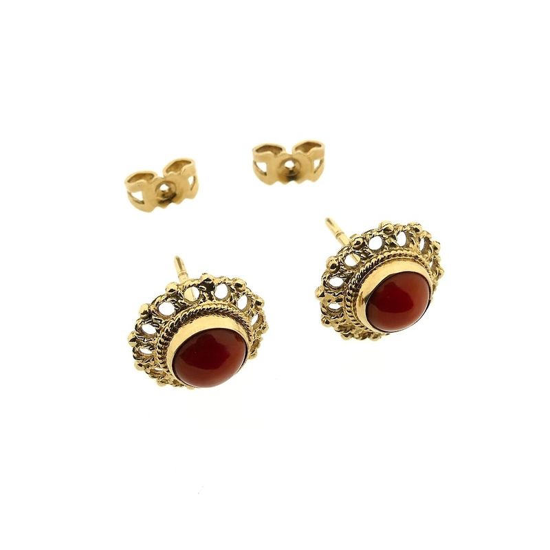 Image 6 of Antique/vintage gold stud earrings with blood coral | Filigree technique