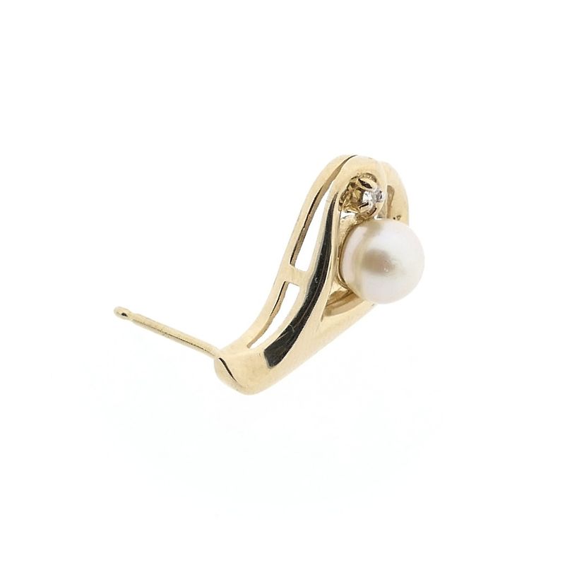 Image 9 of Gold stud earrings with pearl and diamond; 0.02 ct.