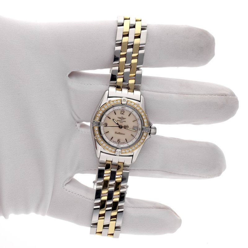 Image 7 of Breitling Callistino 'Mother of Pearl' D52045; 18k gold/steel women's watch with diamonds