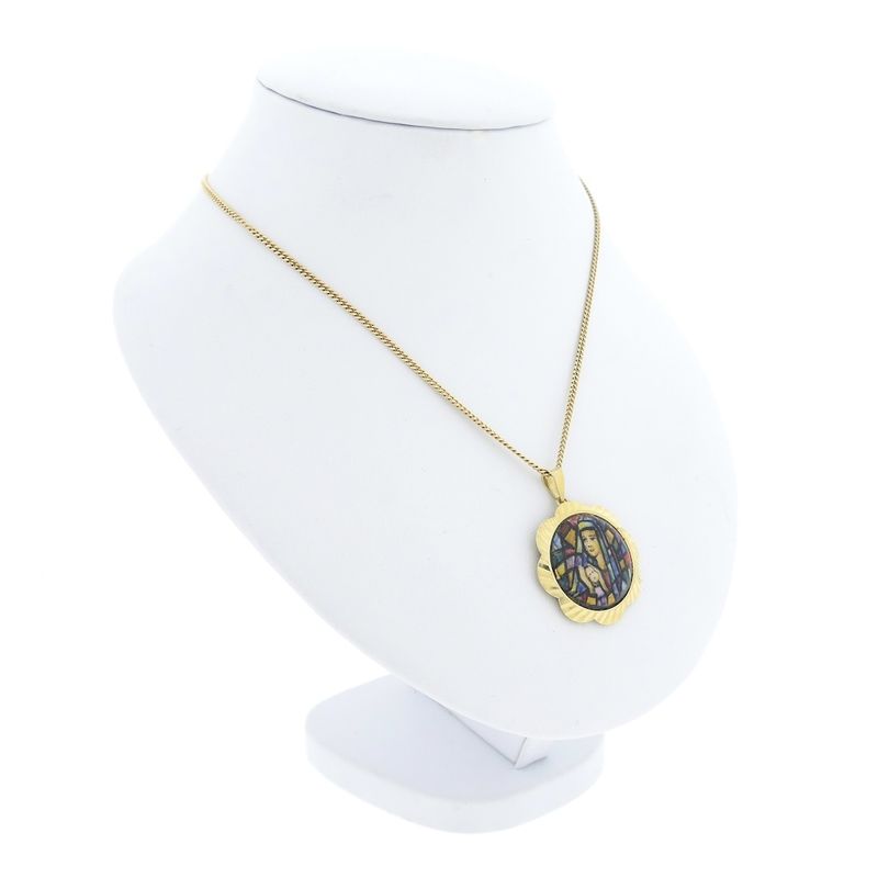 Image 8 of Gold vintage pendant of Mary and Jesus with colored enamel.