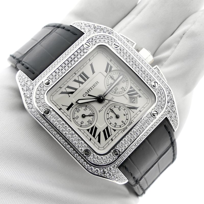 Image 17 of Cartier Santos 100 XL Chronograph 'Factory-Set' Diamonds 2891; 18k white gold watch with diamonds