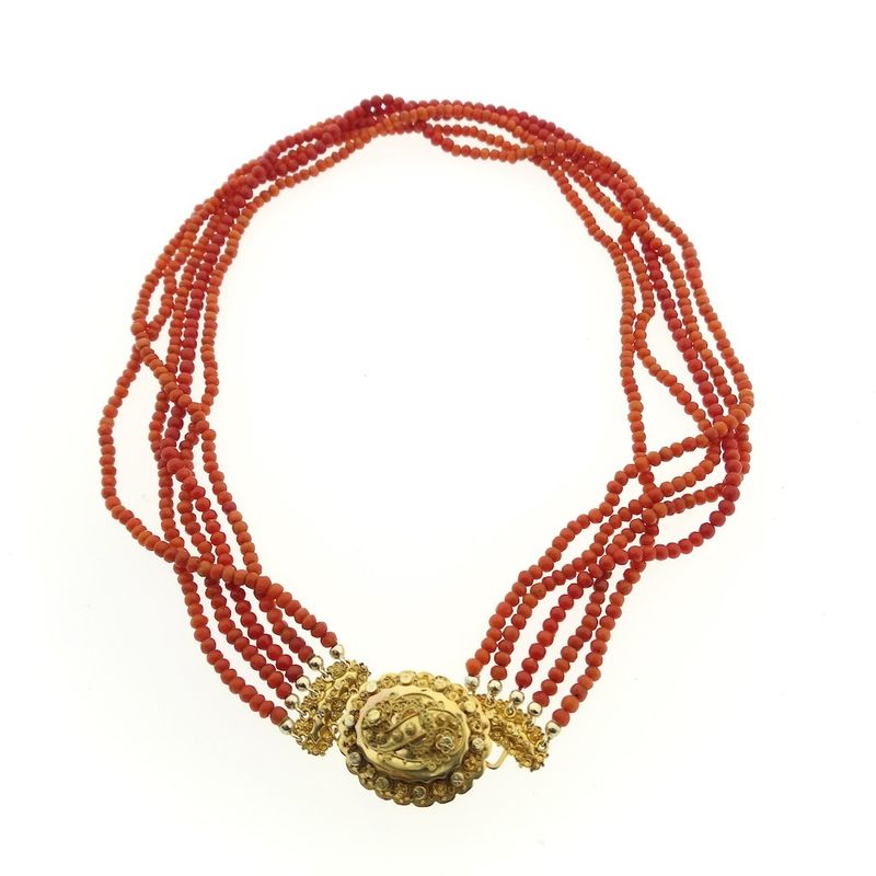 Image 10 of Antique necklace with blood coral and gold cap bell.