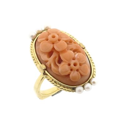 Vintage gold ring with red coral and pearl Image 1 of Vintage gold ring with red coral and pearl