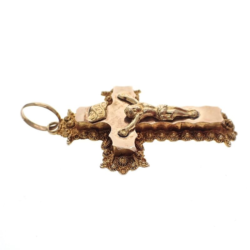 Image 2 of 19th century gold pendant of a cross with corpus INRI; Filigree