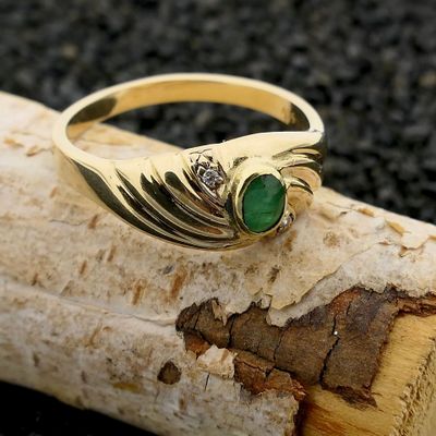 Image 2 of Gold Ring with Emerald & Zirconia; 14 Karat; Size 19