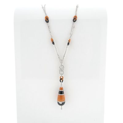 Image 1 of White gold necklace with fixed pendant with onyx, blood coral and diamond 0.74 ct.