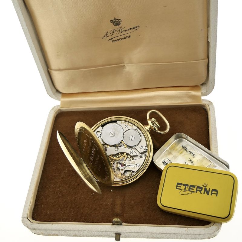 Image 14 of Eterna 14k gold pocket watch 1949; Royal Textile Factory C.T. Stork