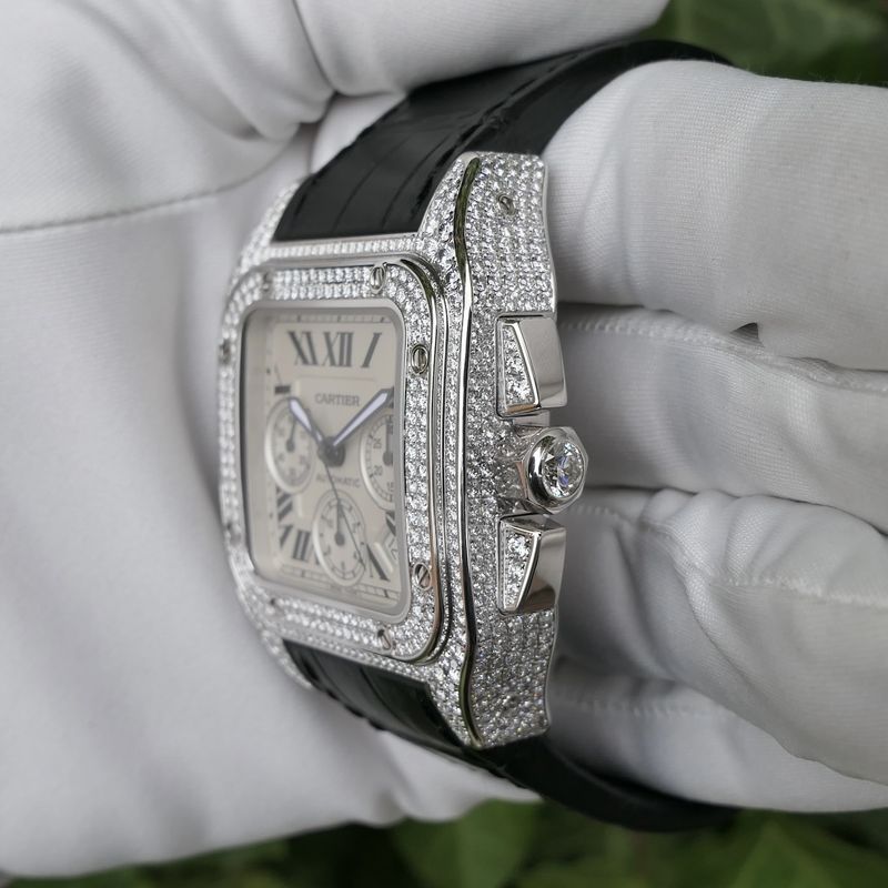 Image 26 of Cartier Santos 100 XL Chronograph 'Factory-Set' Diamonds 2891; 18k white gold watch with diamonds
