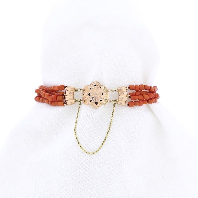 Image 1 of Antique red coral beaded bracelet with bicolor gold clasp.