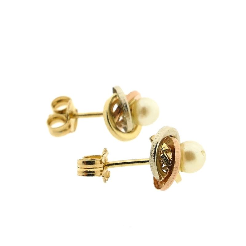 Image 6 of Tricolor gold stud earrings with pearl