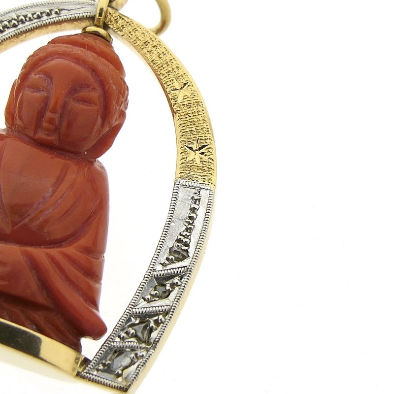 Image 6 of 18-karat two-tone gold Buddhist pendant with blood coral and diamond | approx. 0.08 ct.