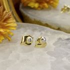 Image 2 of Golden flower stud earrings with diamond; 0.02 ct.