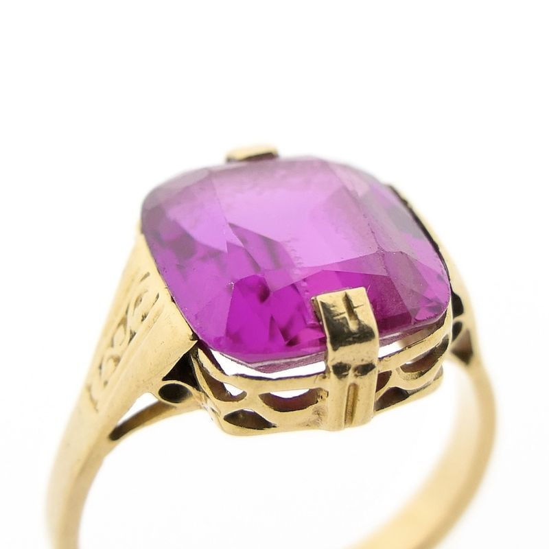 Image 3 of Gold pinky ring with synthetic magenta ruby