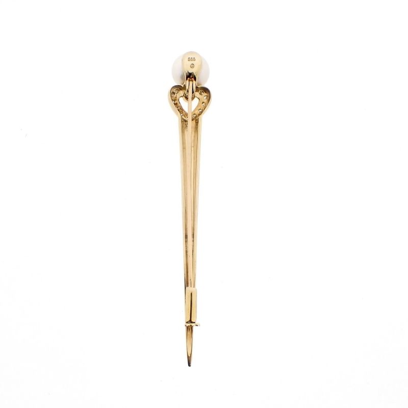 Image 8 of Gold long brooch with pearl and diamonds; 0.055 ct.