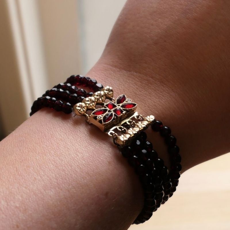 Image 8 of Antique Garnet Bead Bracelet with Gold Clasp