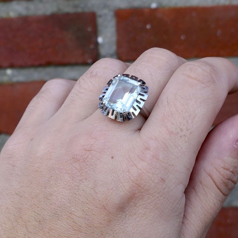 Image 10 of 14K White Gold Ring with Light Blue Zirconia; Size 17.5