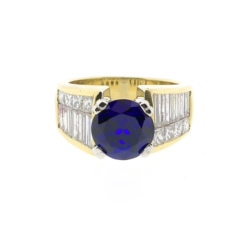 Image 3 of Gold entourage ring with synthetic sapphire and diamonds