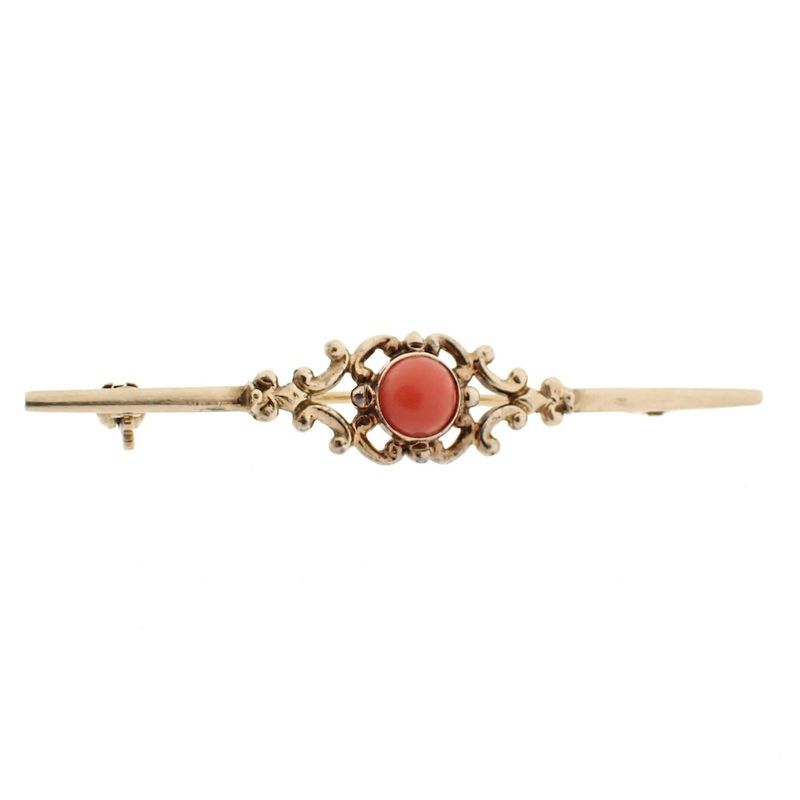 Image 1 of Vintage gold brooch with blood coral; filigree technique