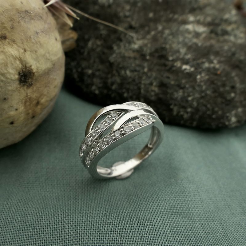 Image 10 of Wide silver crossover ring with zirconia