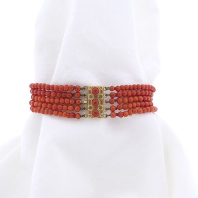 Image 1 of Antique red coral beaded bracelet with gold clasp.