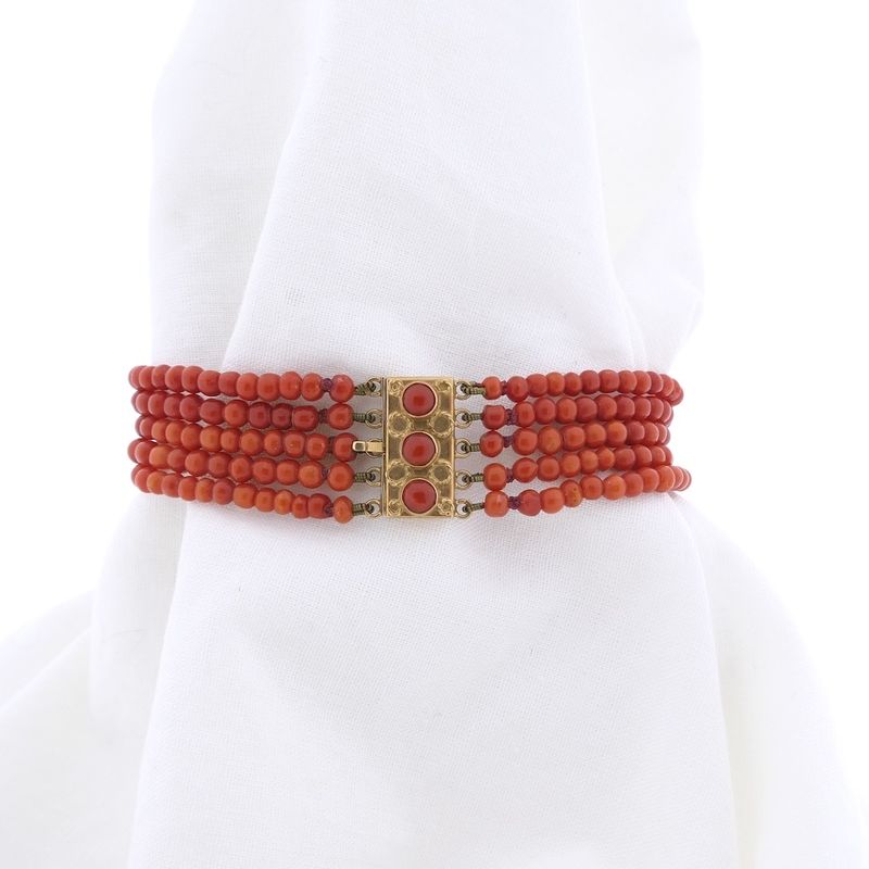 Image 1 of Antique red coral beaded bracelet with gold clasp.