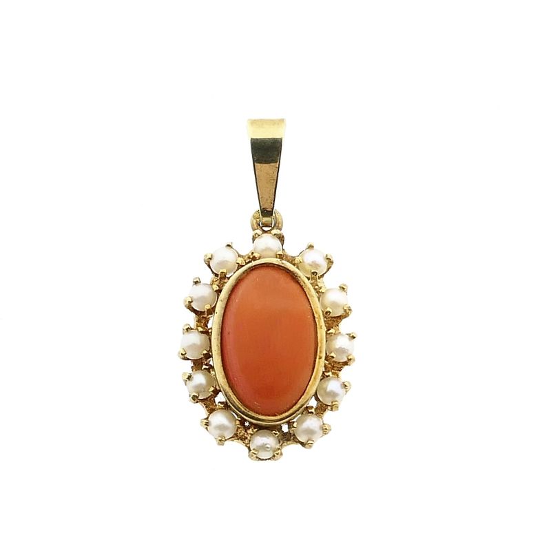 Image 1 of Gold Pendant with Blood Coral and Pearl; 14 Karat
