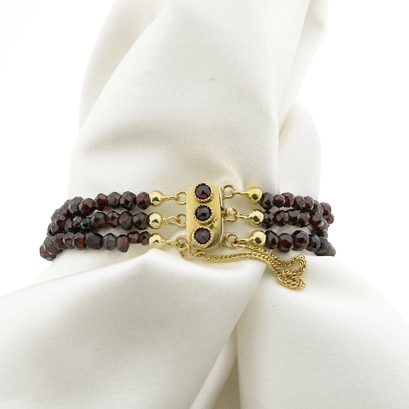 Image 1 of Antique garnet bead bracelet with gold decorative clasp; Antique