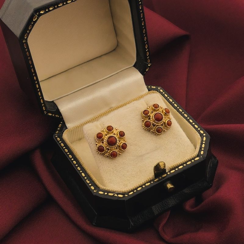 Image 2 of Gold stud earrings with red coral