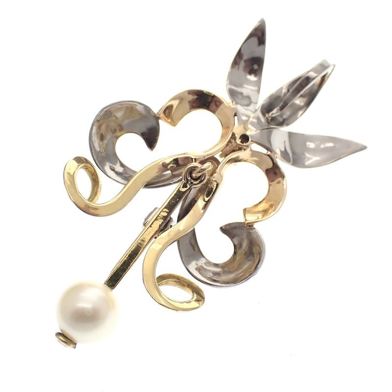 Image 6 of Two-tone gold pendant of a French lily with pearl and garnet