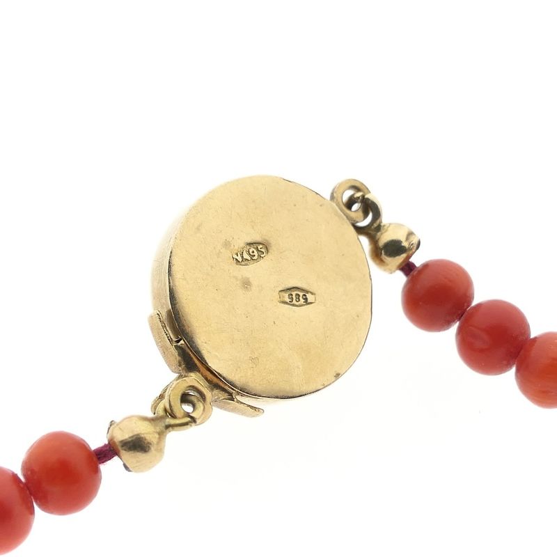 Image 7 of Antique blood coral bead necklace with gold decorative clasp.