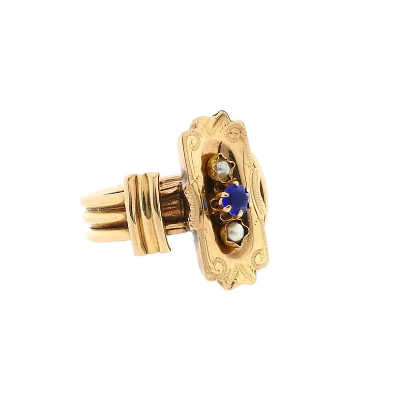 Image 4 of 18K Vintage Gold Ring with Pearl and Blue Zirconia