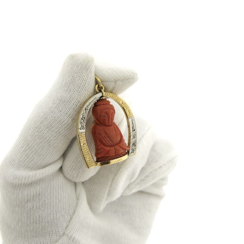 Image 2 of 18-karat two-tone gold Buddhist pendant with blood coral and diamond | approx. 0.08 ct.