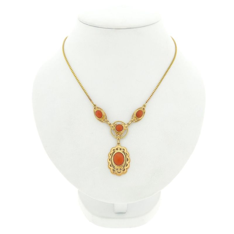 Image 1 of Antique gold Venetian link chain with fixed pendant and blood coral