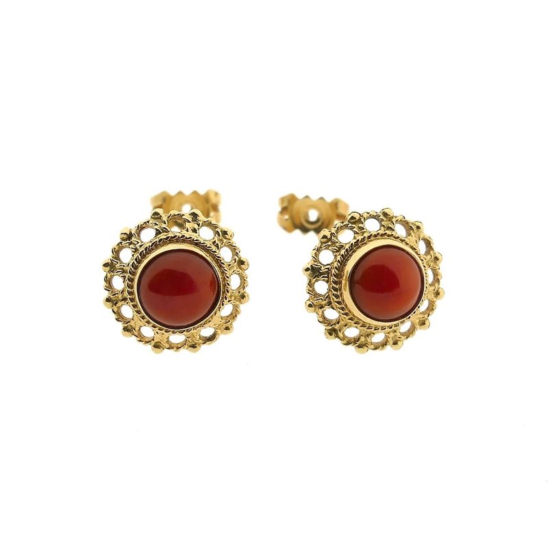 Image 5 of Antique/vintage gold stud earrings with blood coral | Filigree technique