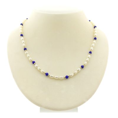 Image 1 of Pearl necklace with lapis lazuli and gold clasp | 42 cm